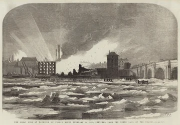 The Great Fire at Bankside, on Friday Night, 16 February 1855, Sketched from the North Bank of the Thames